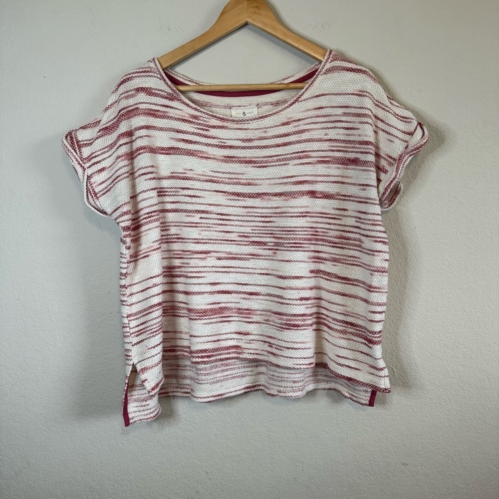 Lou & Grey Red White Short Roll Sleeve Boxy Cotton Shirt Top Crewneck Size MED